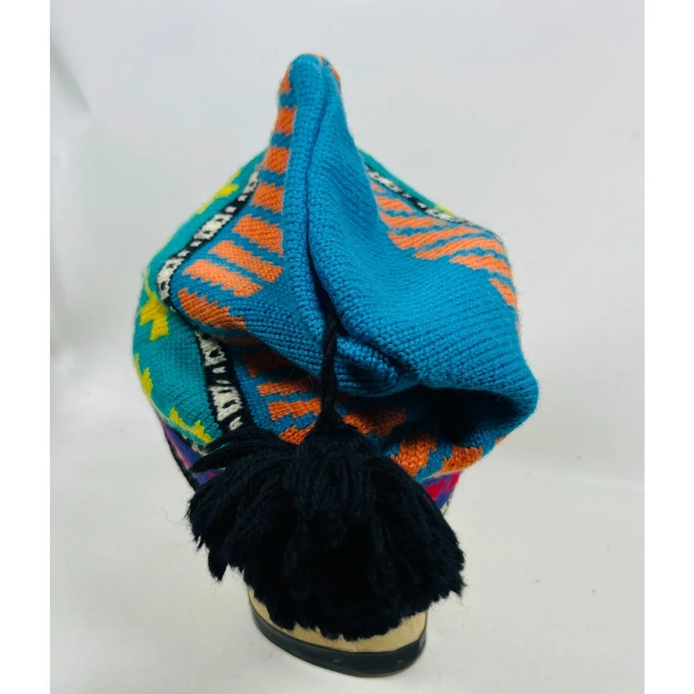 COLUMBIA Hat Adult OS Pure Wool Southwestern Ski Beanie Bobble Cap Blue